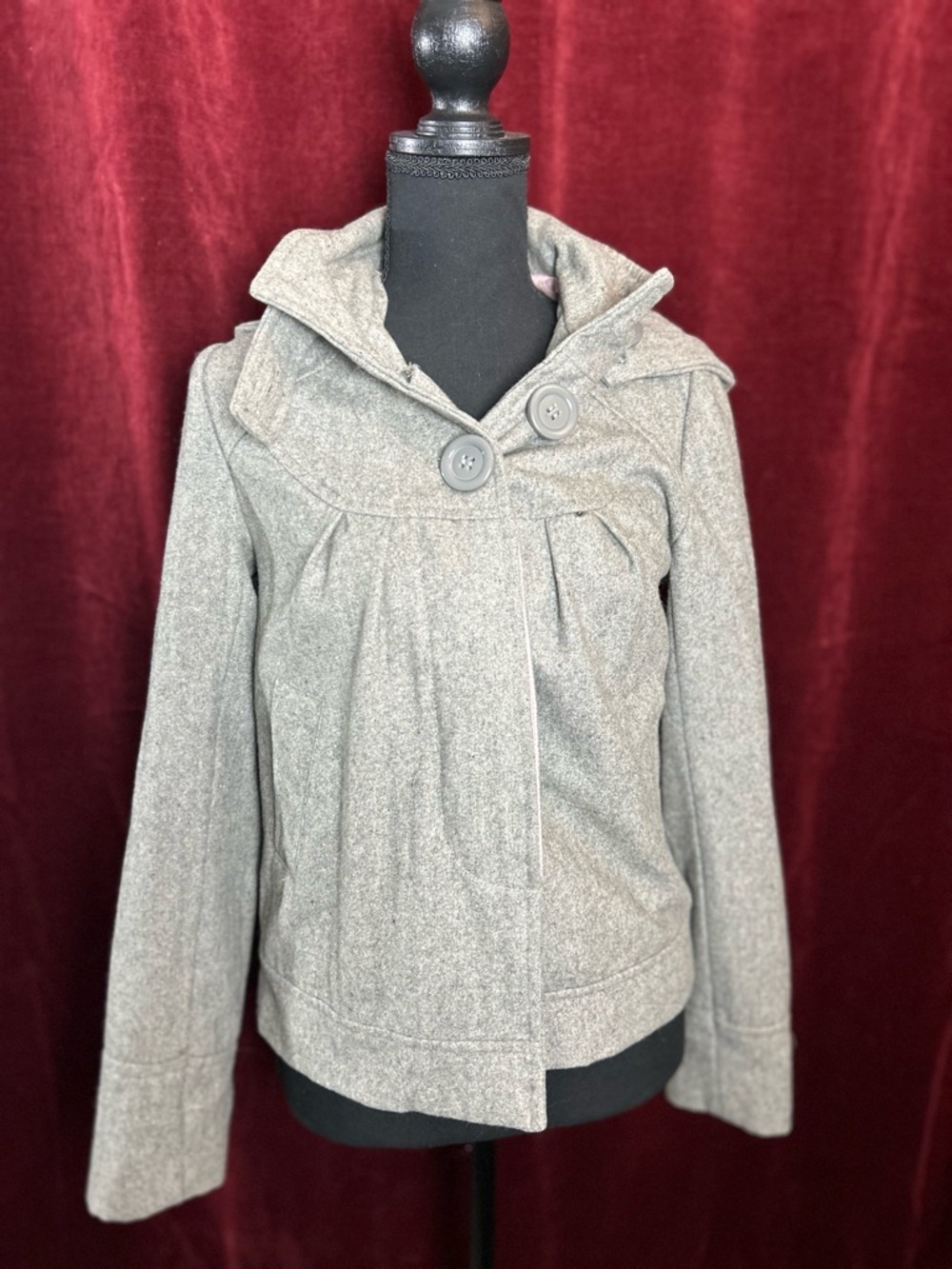 Women's Gray Hooded Pea Coat with Decorative Button Detail